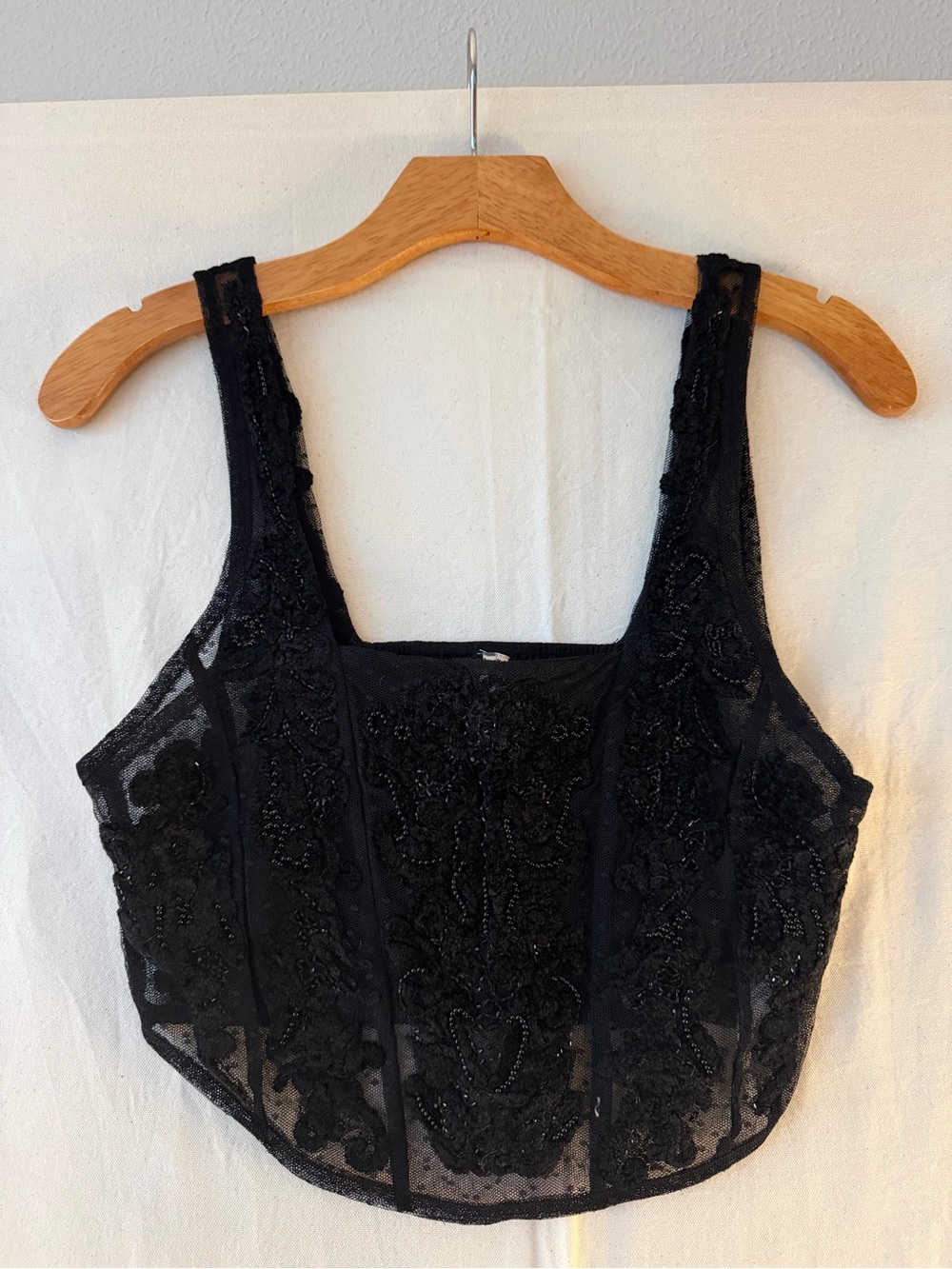 Free People Black Beaded Lace Bandeau Corset Crop Top